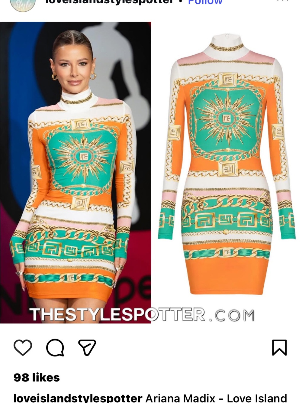 Balmain Orange & Green Chain Print Long-Sleeve Bodycon Dress